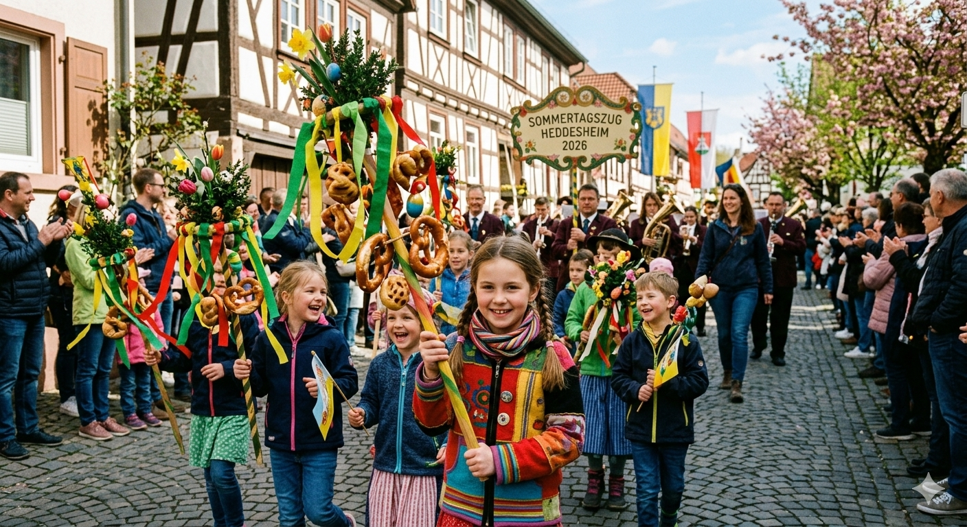 Festlich geschmückter Motivwagen des Gartenvereins mit Mitgliedern in traditioneller Kleidung beim Sommertagszug 2026.